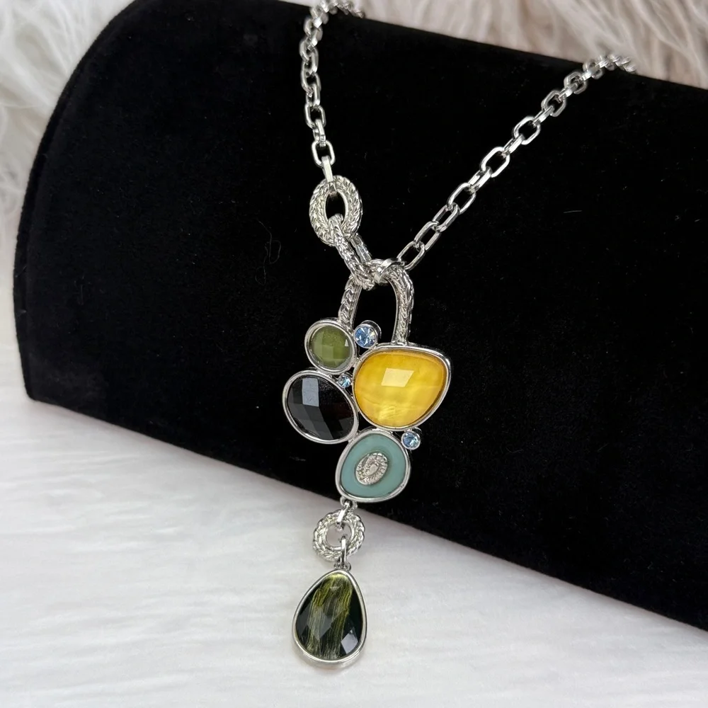 Elegant Silvertone Multi-Color Pendant Necklace